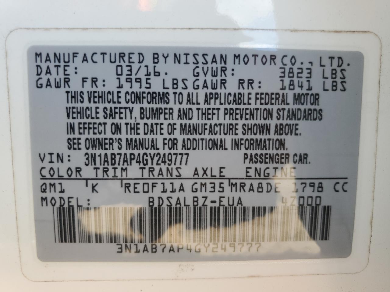 VIN 3N1AB7AP4GY249777 2016 NISSAN SENTRA no.12