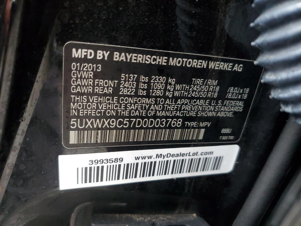 VIN 5UXWX9C57D0D03768 2013 BMW X3 no.13