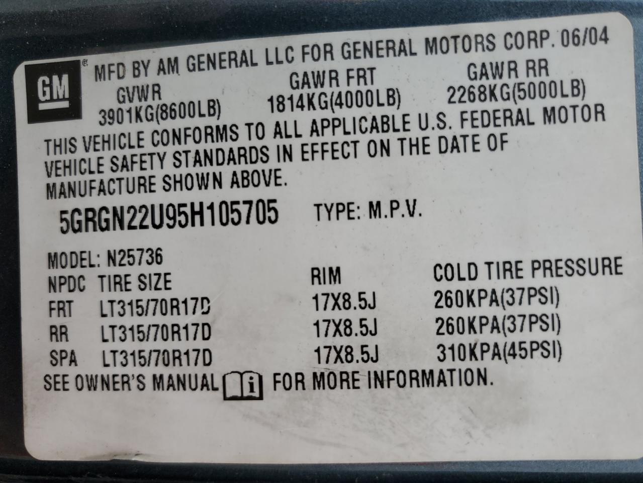 2005 Hummer H2 Sut VIN: 5GRGN22U95H105705 Lot: 79023014