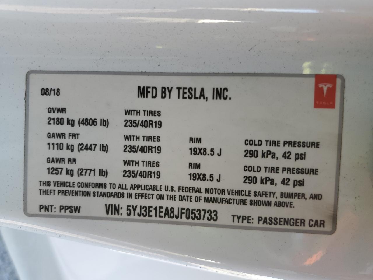 2018 Tesla Model 3 VIN: 5YJ3E1EA8JF053733 Lot: 80085914