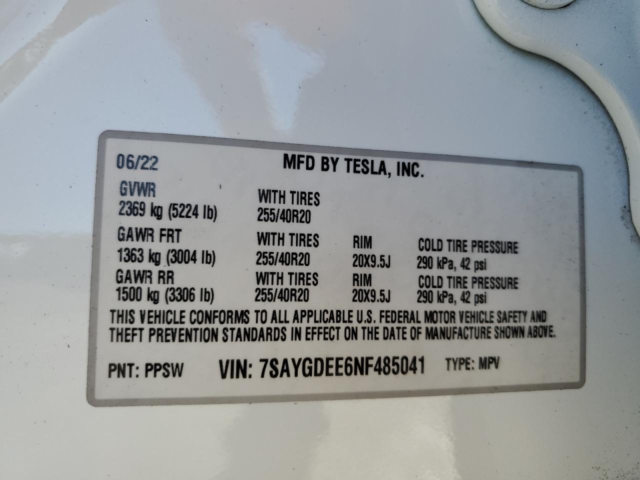 2022 Tesla Model Y VIN: 7SAYGDEE6NF485041 Lot: 79725294