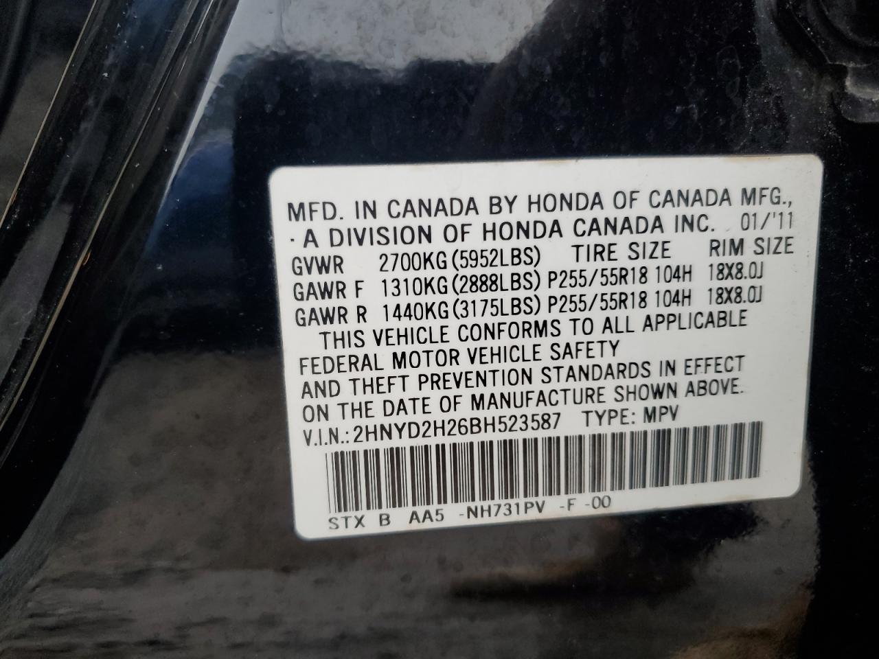 2011 Acura Mdx VIN: 2HNYD2H26BH523587 Lot: 81319074