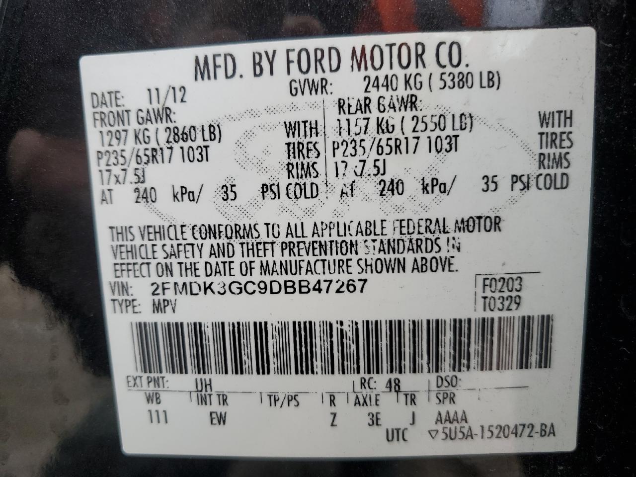 VIN 2FMDK3GC9DBB47267 2013 FORD EDGE no.14