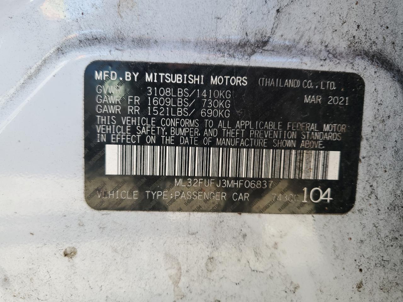 2021 Mitsubishi Mirage G4 Es VIN: ML32FUFJ3MHF06837 Lot: 79453614