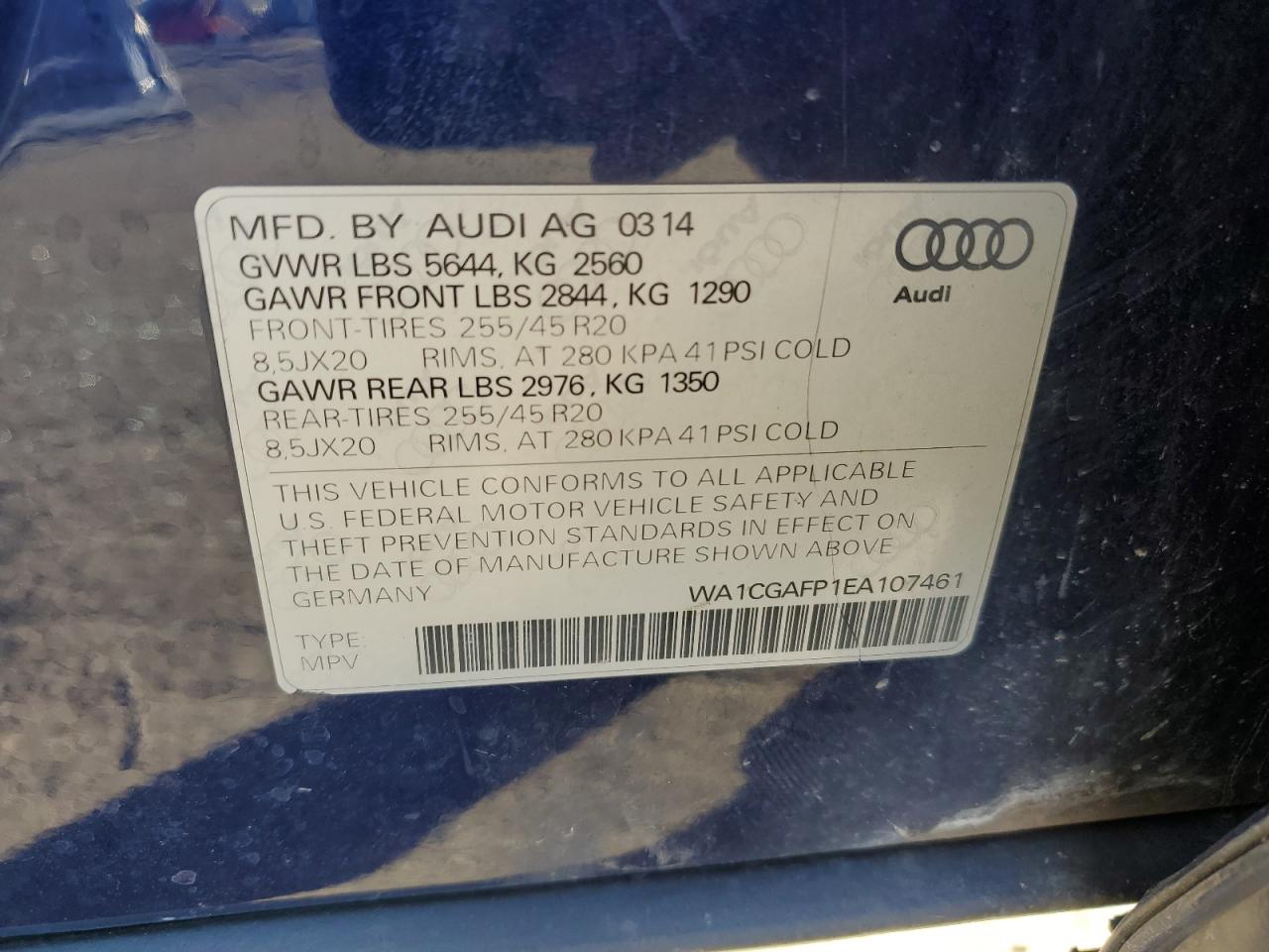 2014 Audi Sq5 Premium Plus VIN: WA1CGAFP1EA107461 Lot: 80124494