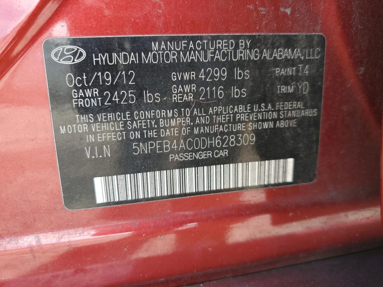 2013 Hyundai Sonata Gls VIN: 5NPEB4AC0DH628309 Lot: 78544284