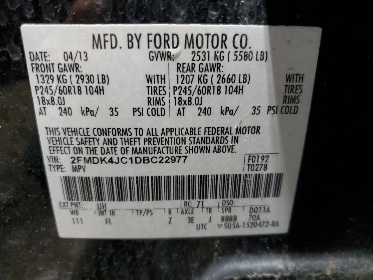 2013 Ford Edge Sel VIN: 2FMDK4JC1DBC22977 Lot: 78958714