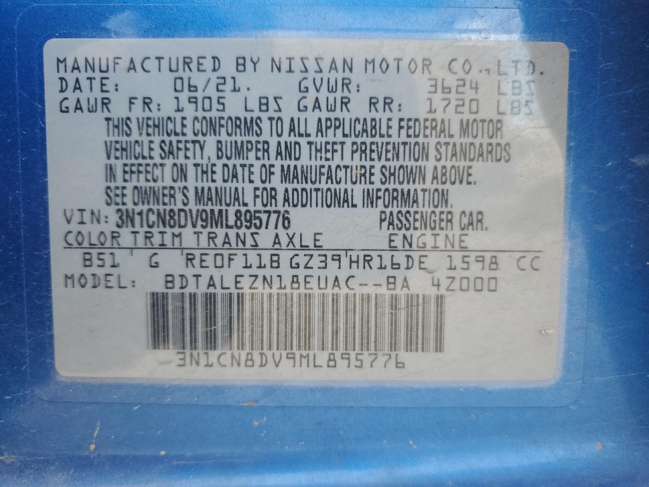 VIN 3N1CN8DV9ML895776 2021 NISSAN VERSA no.12