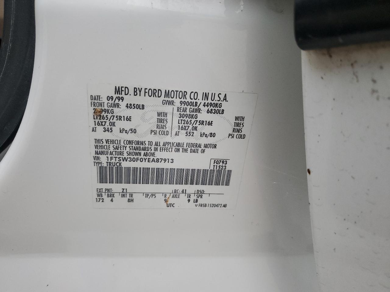 2000 Ford F350 Srw Super Duty VIN: 1FTSW30F0YEA87913 Lot: 81526304