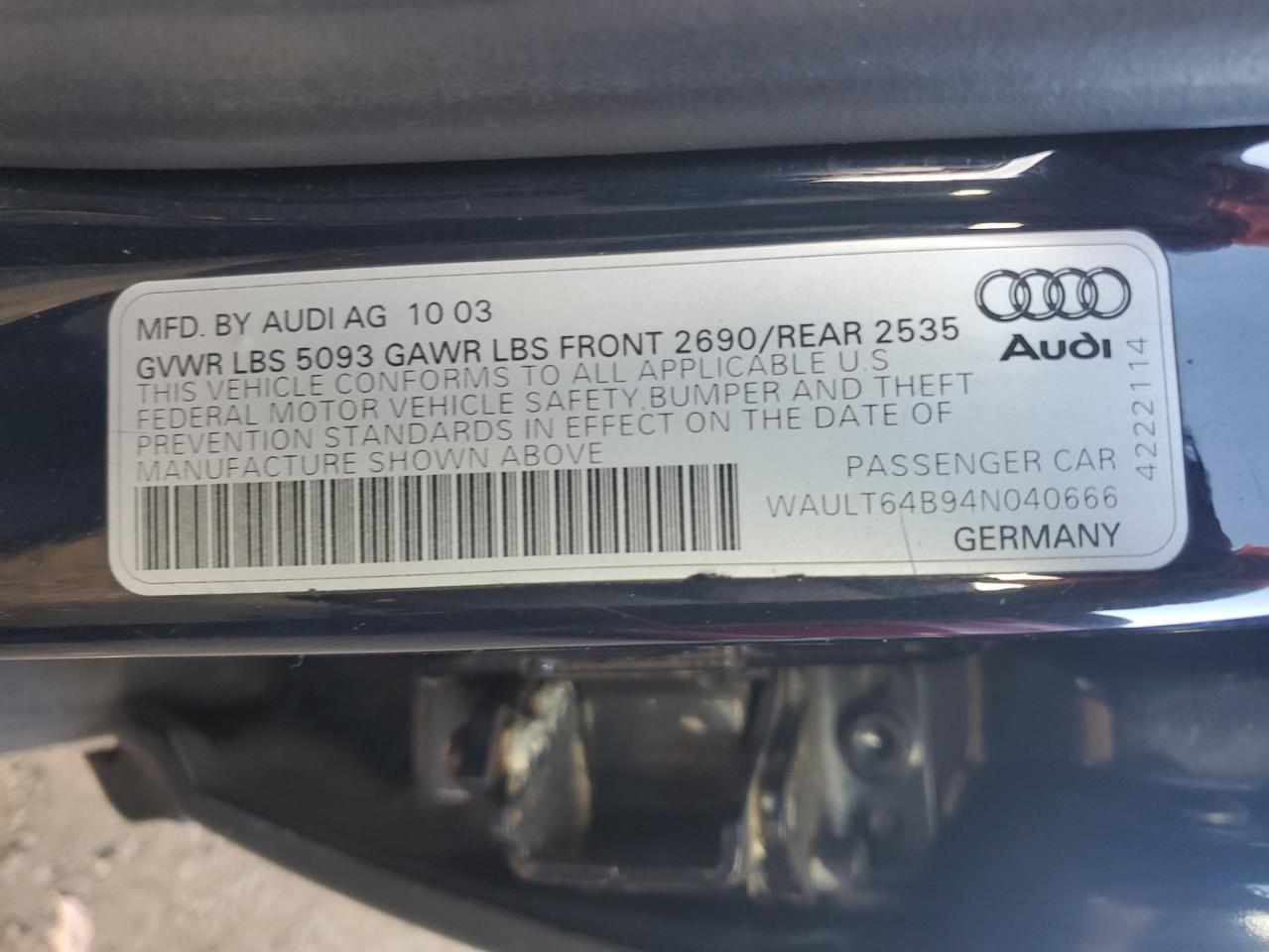 2004 Audi A6 3.0 Quattro VIN: WAULT64B94N040666 Lot: 81099064