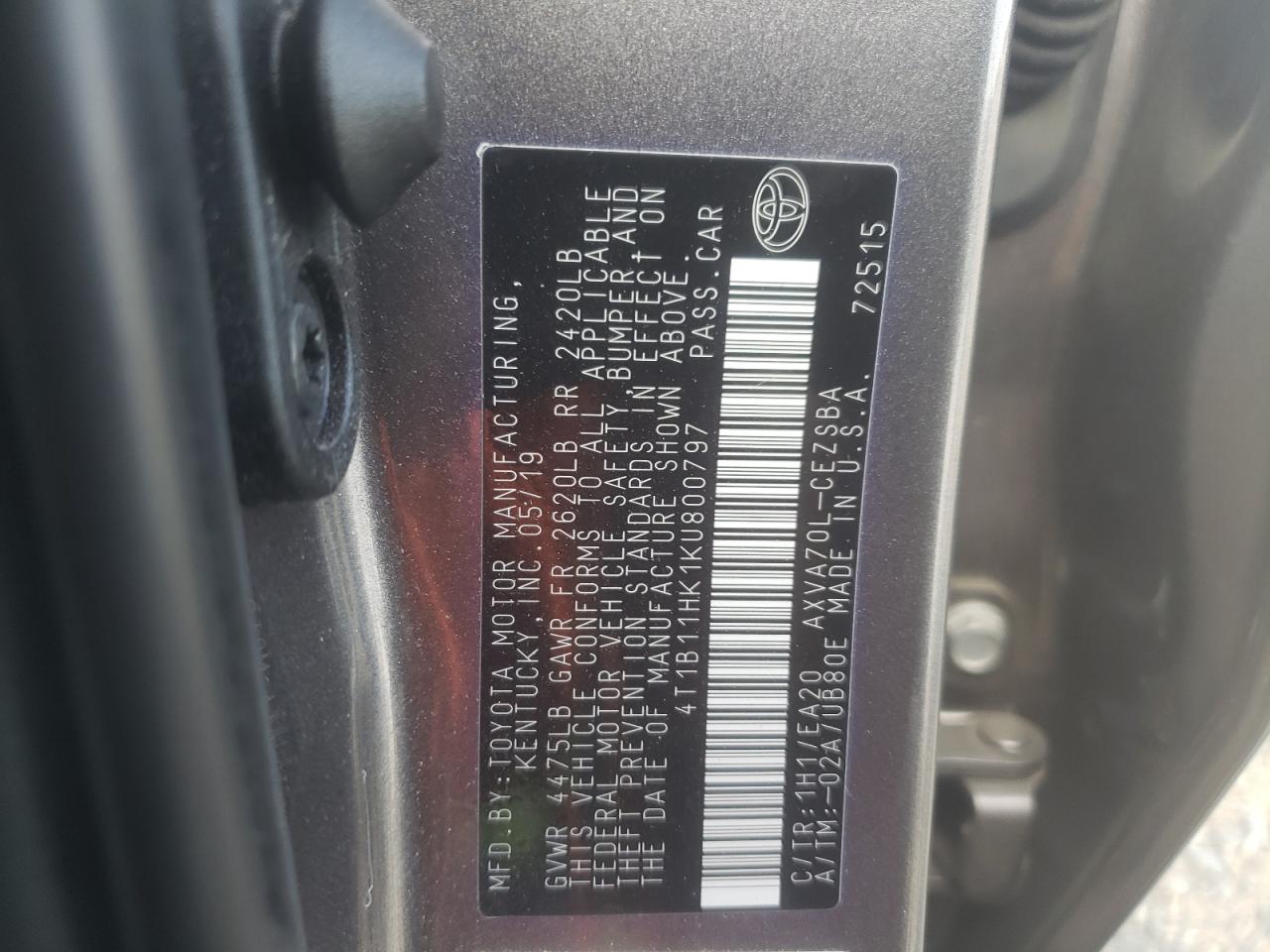 4T1B11HK1KU800797 2019 Toyota Camry L