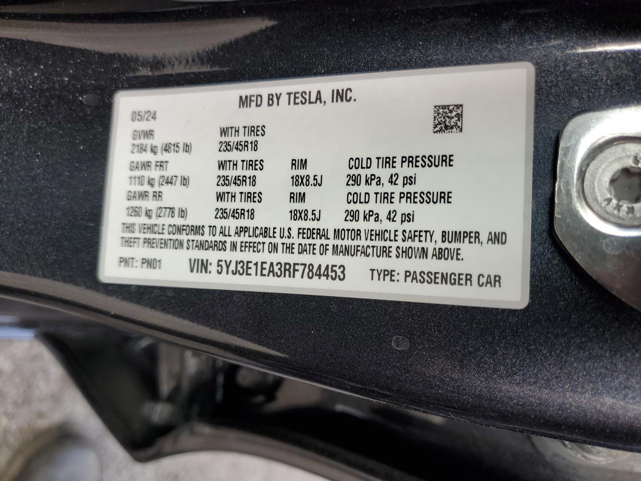 2024 Tesla Model 3 VIN: 5YJ3E1EA3RF784453 Lot: 81888904