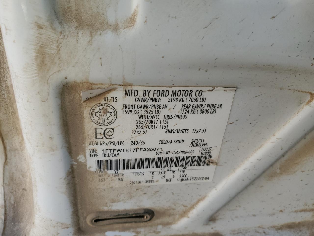 2015 Ford F150 Supercrew VIN: 1FTFW1EF7FFA35071 Lot: 81129564