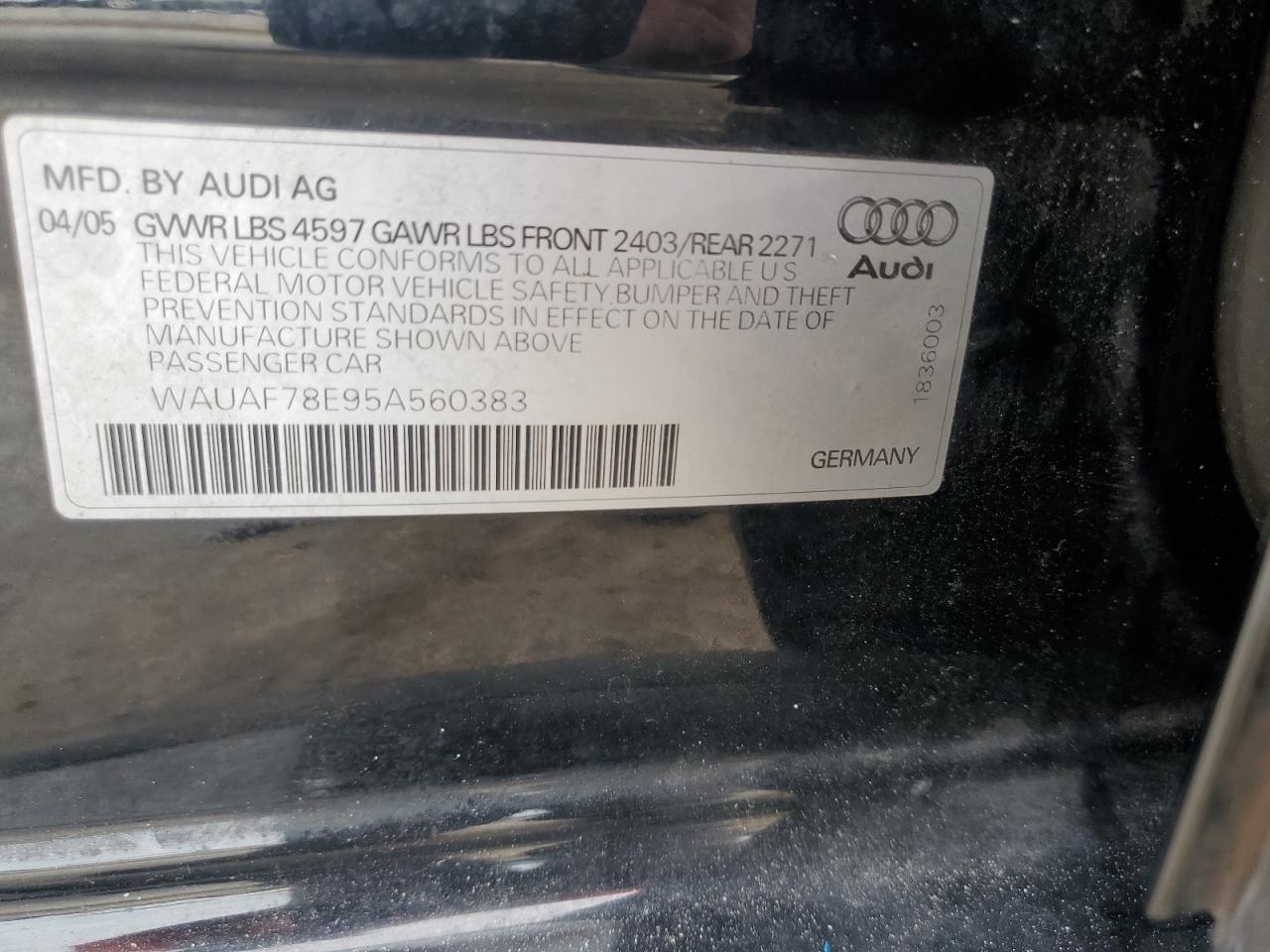 2005 Audi A4 2.0T VIN: WAUAF78E95A560383 Lot: 79523854