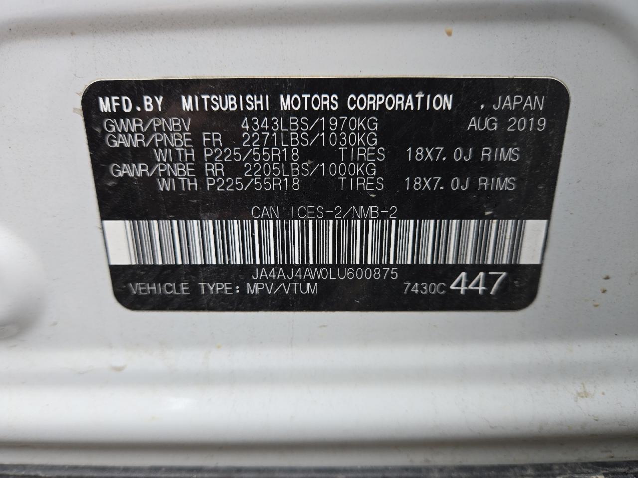 2020 Mitsubishi Rvr Se VIN: JA4AJ4AW0LU600875 Lot: 77341844