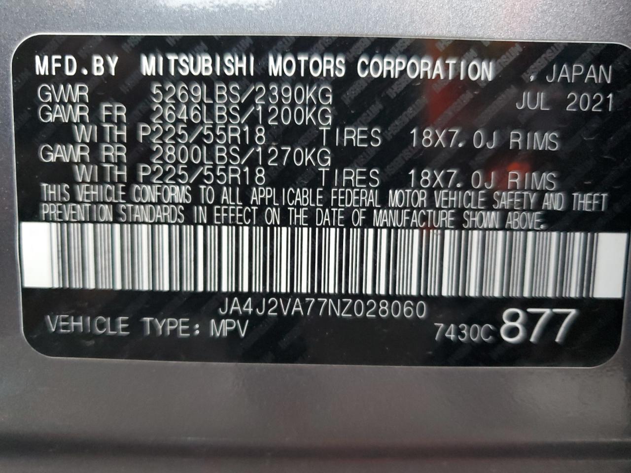 2022 Mitsubishi Outlander Sel VIN: JA4J2VA77NZ028060 Lot: 79715654