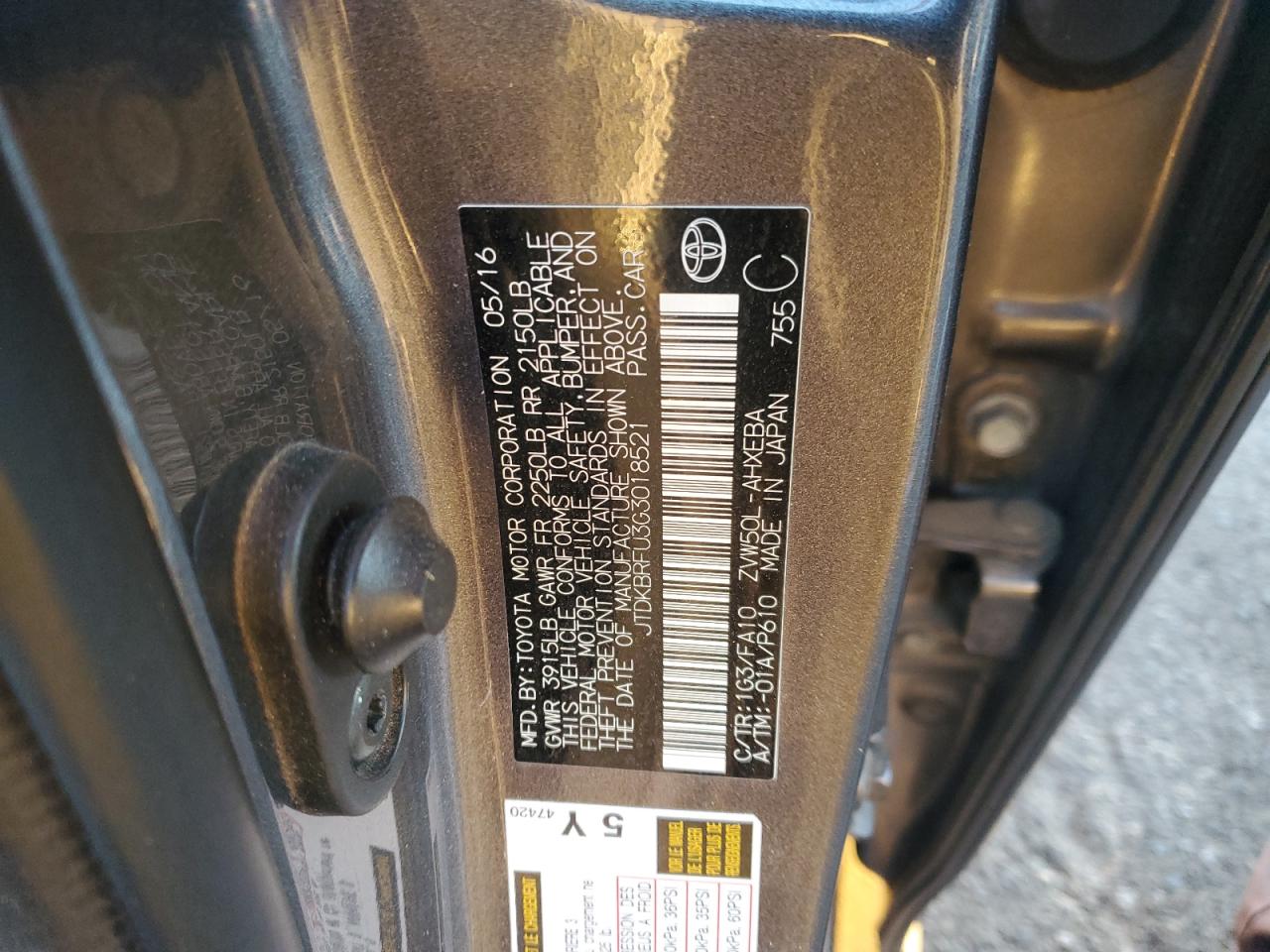 VIN JTDKBRFU3G3018521 2016 TOYOTA PRIUS no.13