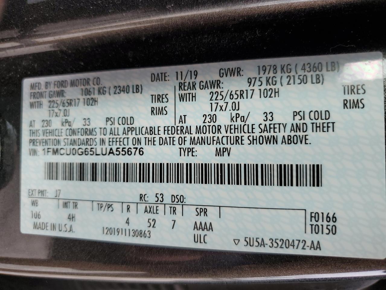 VIN 1FMCU0G65LUA55676 2020 FORD ESCAPE no.13