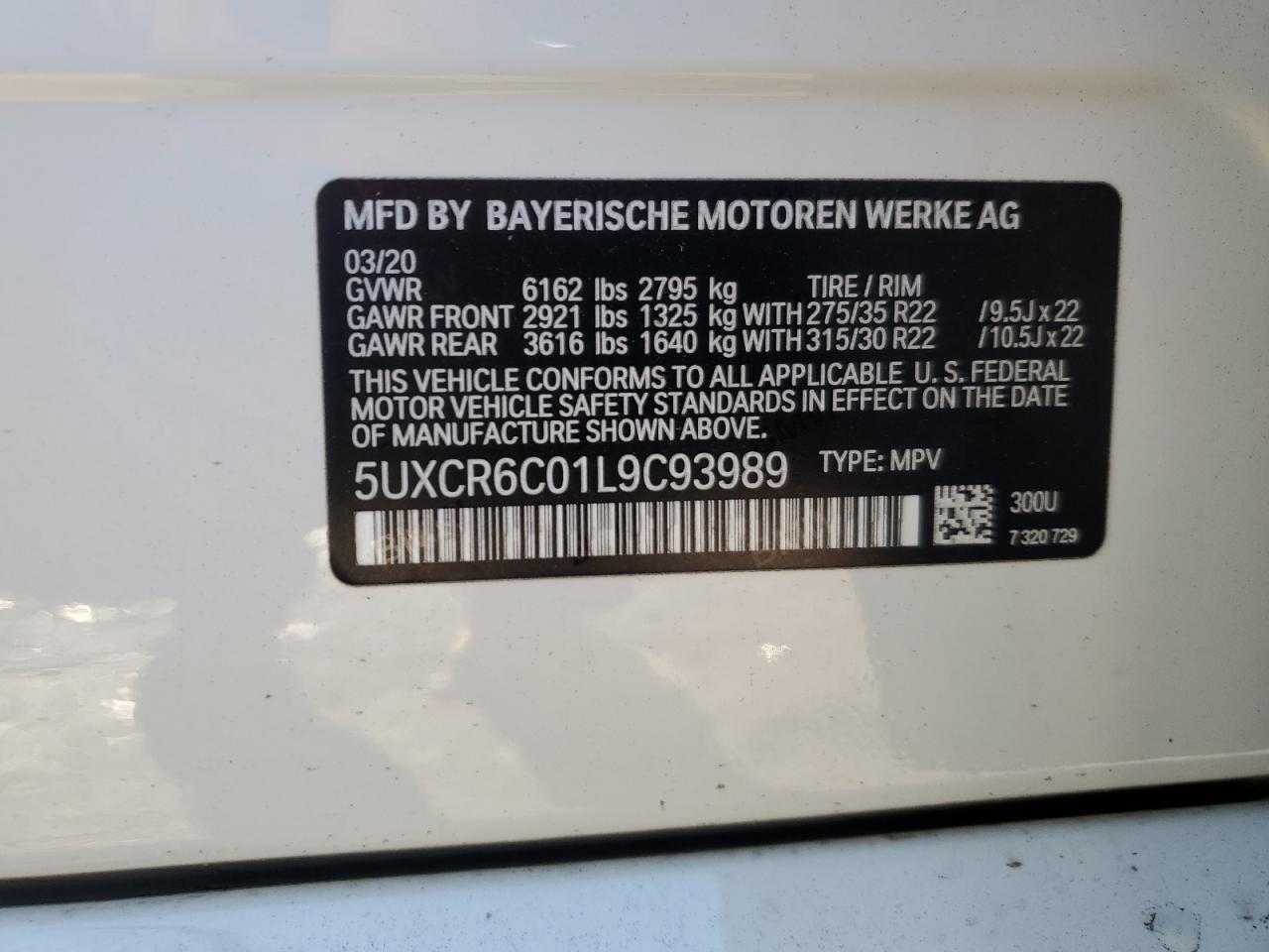 2020 BMW X5 xDrive40I VIN: 5UXCR6C01L9C93989 Lot: 80027804