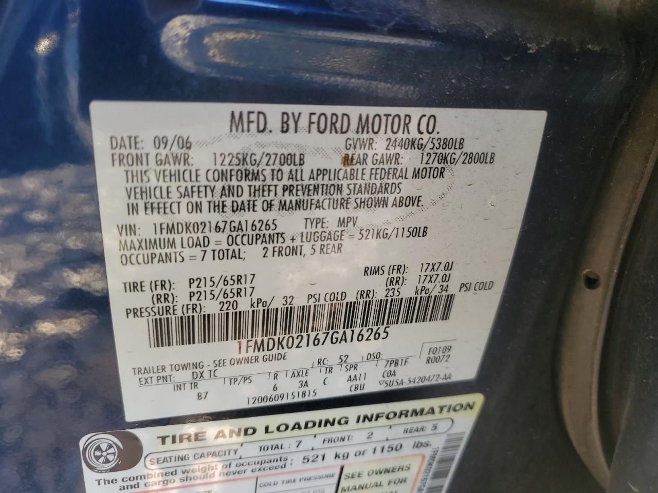 2007 Ford Freestyle Sel VIN: 1FMDK02167GA16265 Lot: 81818184