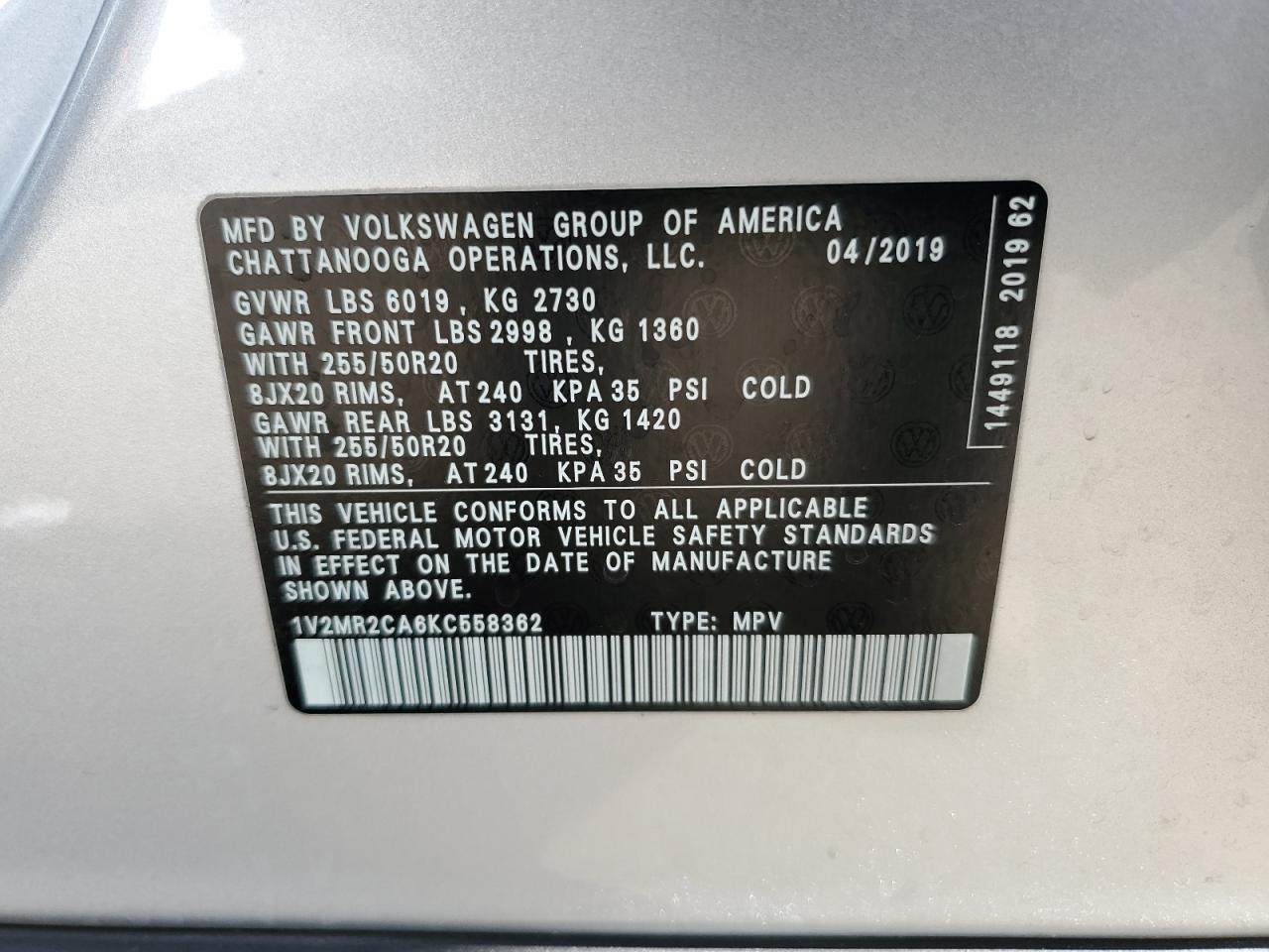 VIN 1V2MR2CA6KC558362 2019 VOLKSWAGEN ATLAS no.14