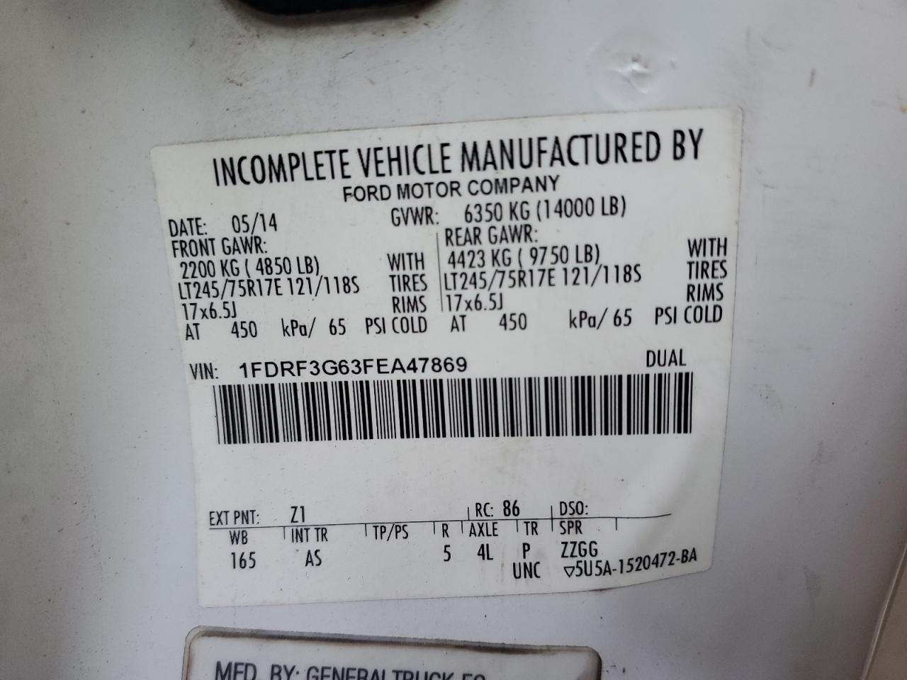 2015 Ford F350 Super Duty VIN: 1FDRF3G63FEA47869 Lot: 80375775