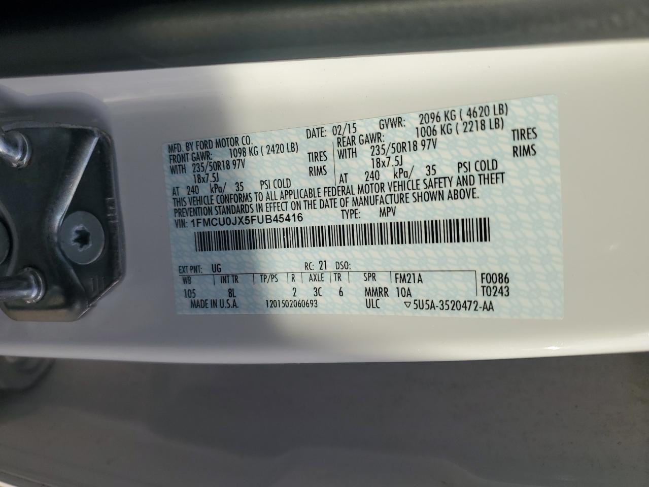 VIN 1FMCU0JX5FUB45416 2015 FORD ESCAPE no.14