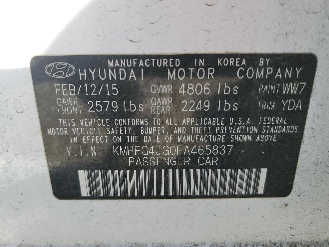 VIN KMHFG4JG0FA465837 2015 HYUNDAI AZERA no.12