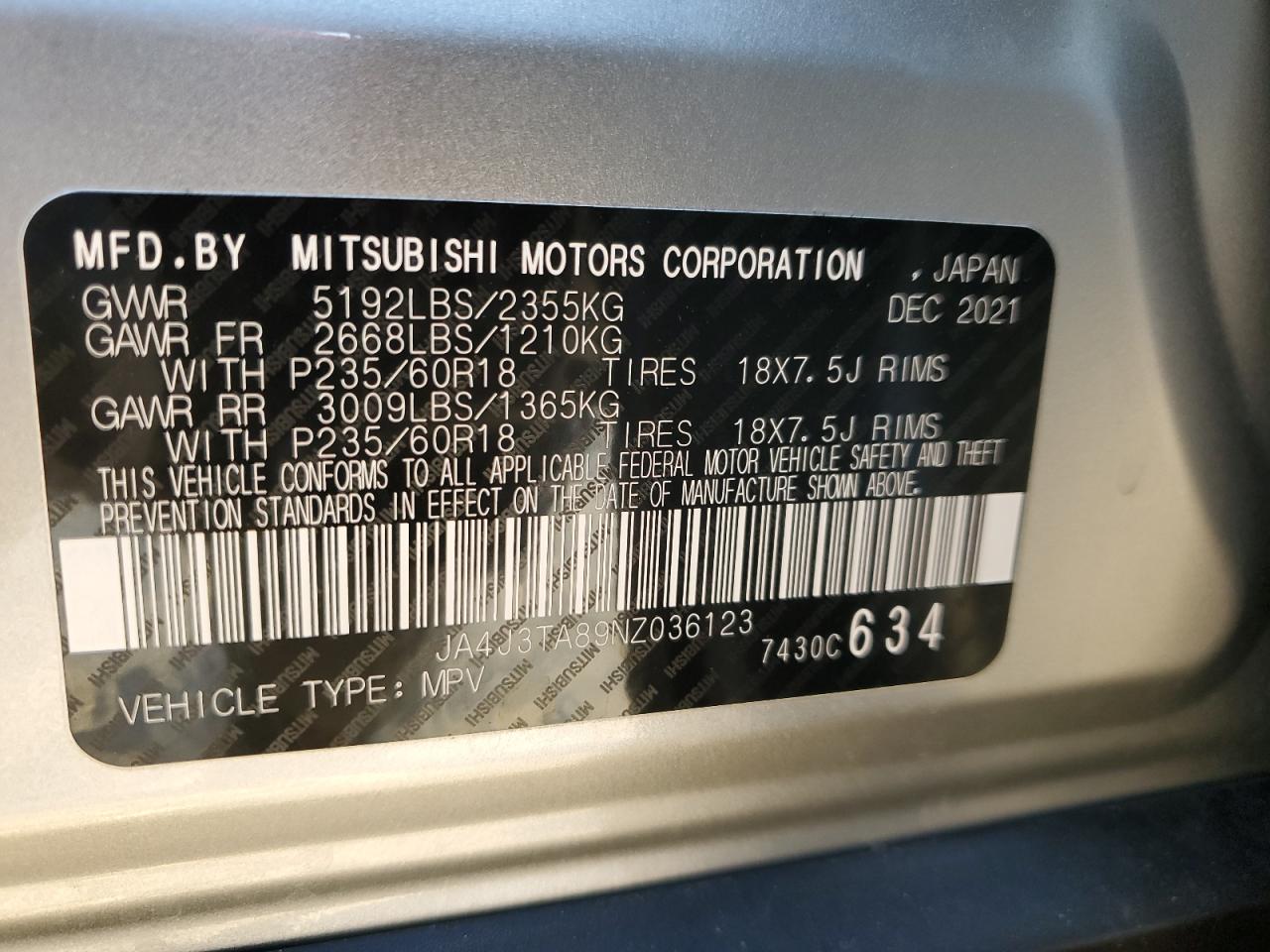 VIN JA4J3TA89NZ036123 2022 MITSUBISHI OUTLANDER no.13