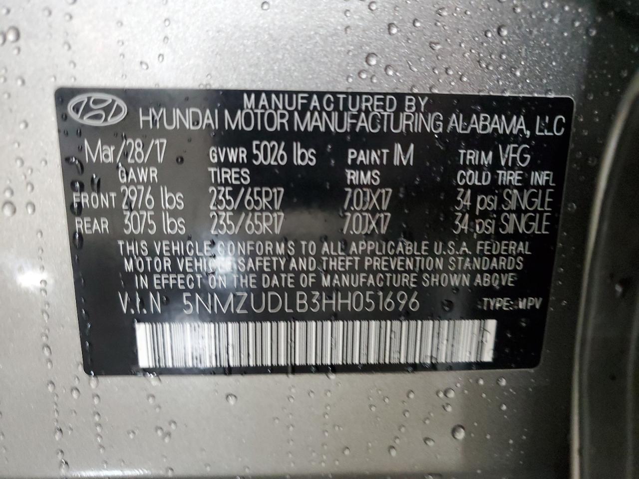 VIN 5NMZUDLB3HH051696 2017 HYUNDAI SANTA FE no.14