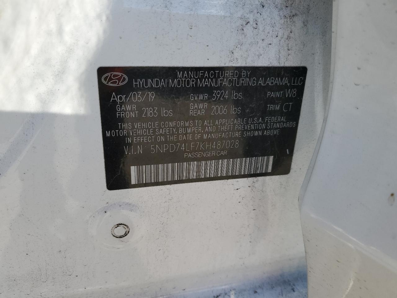 2019 Hyundai Elantra Se VIN: 5NPD74LF7KH487028 Lot: 81168934