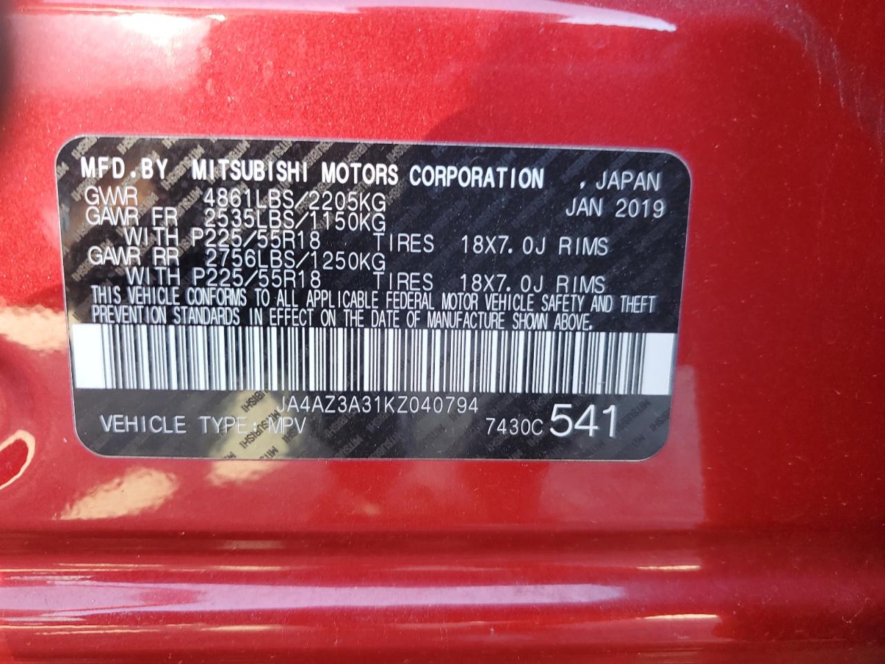 2019 Mitsubishi Outlander Se VIN: JA4AZ3A31KZ040794 Lot: 78075554