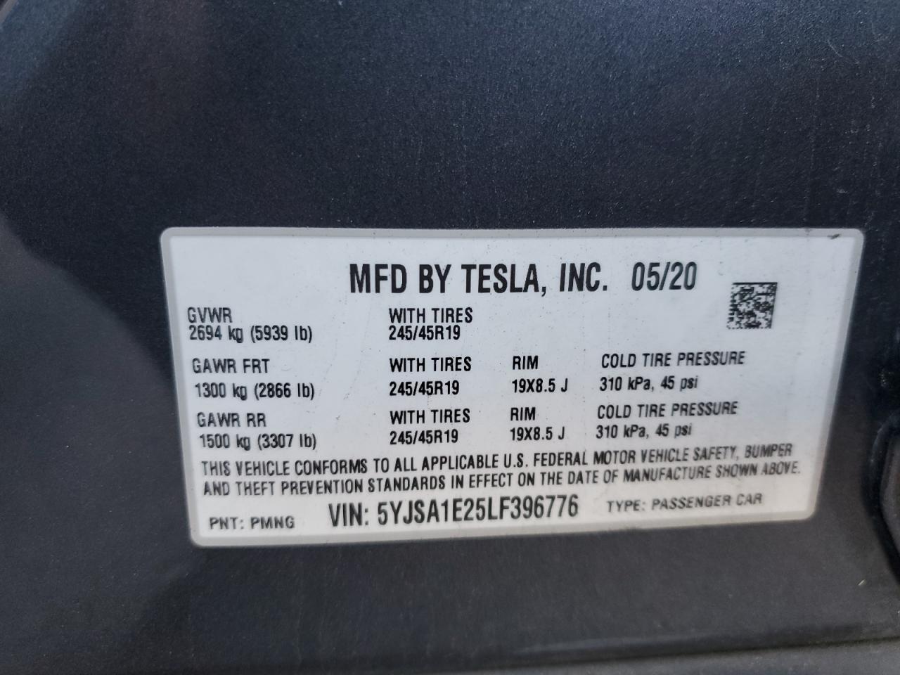 2020 Tesla Model S VIN: 5YJSA1E25LF396776 Lot: 80479184