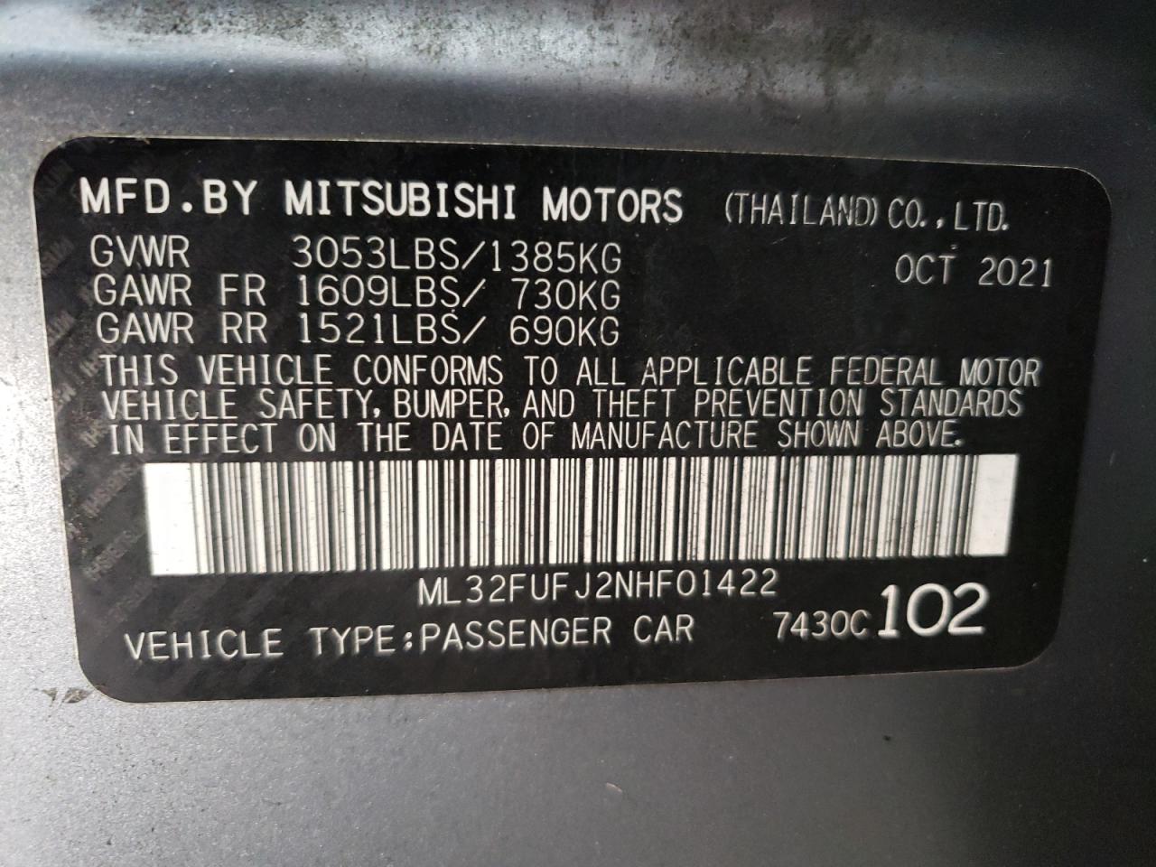 2022 Mitsubishi Mirage G4 Es VIN: ML32FUFJ2NHF01422 Lot: 79011334