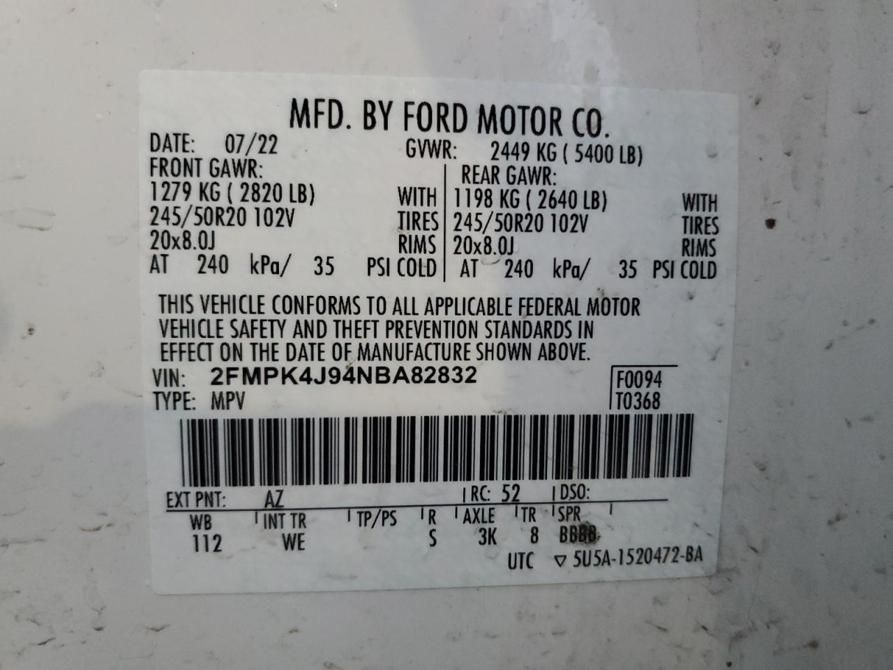 2022 Ford Edge Sel VIN: 2FMPK4J94NBA82832 Lot: 80485494
