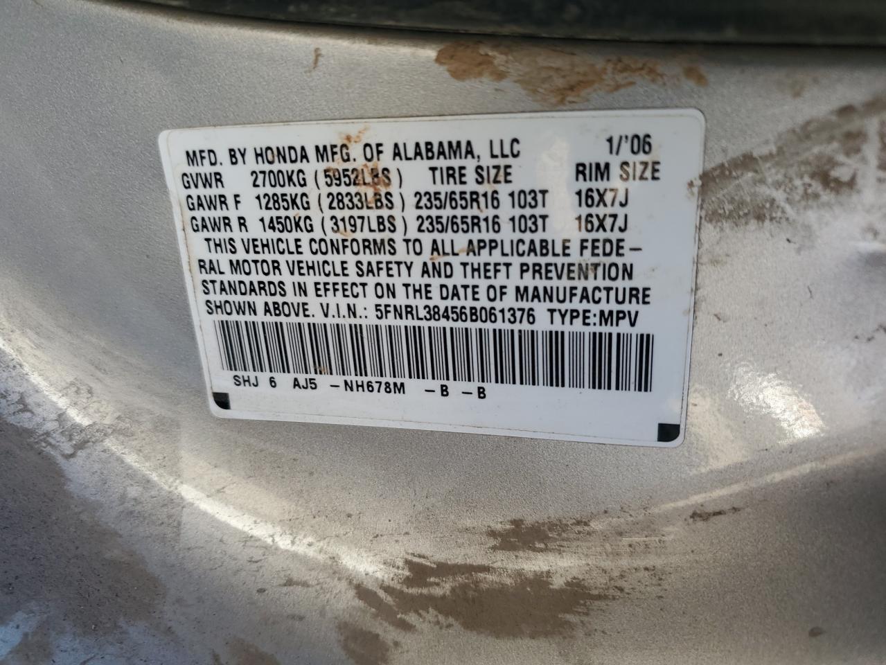 2006 Honda Odyssey Ex VIN: 5FNRL38456B061376 Lot: 80468884