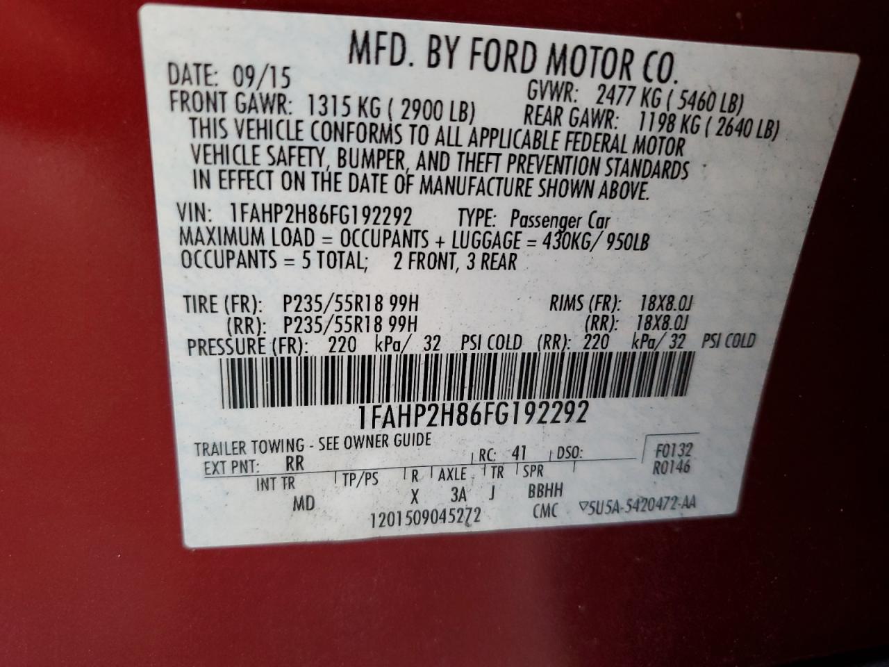 2015 Ford Taurus Sel VIN: 1FAHP2H86FG192292 Lot: 79227984