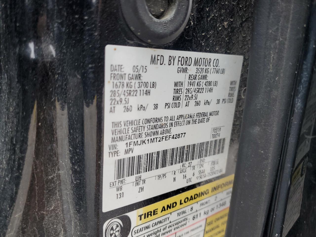 2015 Ford Expedition El Platinum VIN: 1FMJK1MT2FEF42877 Lot: 81974914