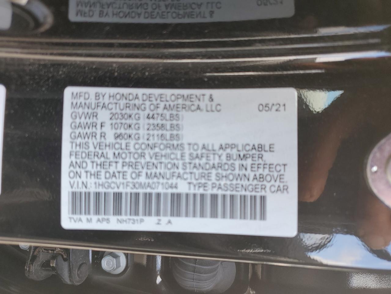 1HGCV1F30MA071044 2021 Honda Accord Sport