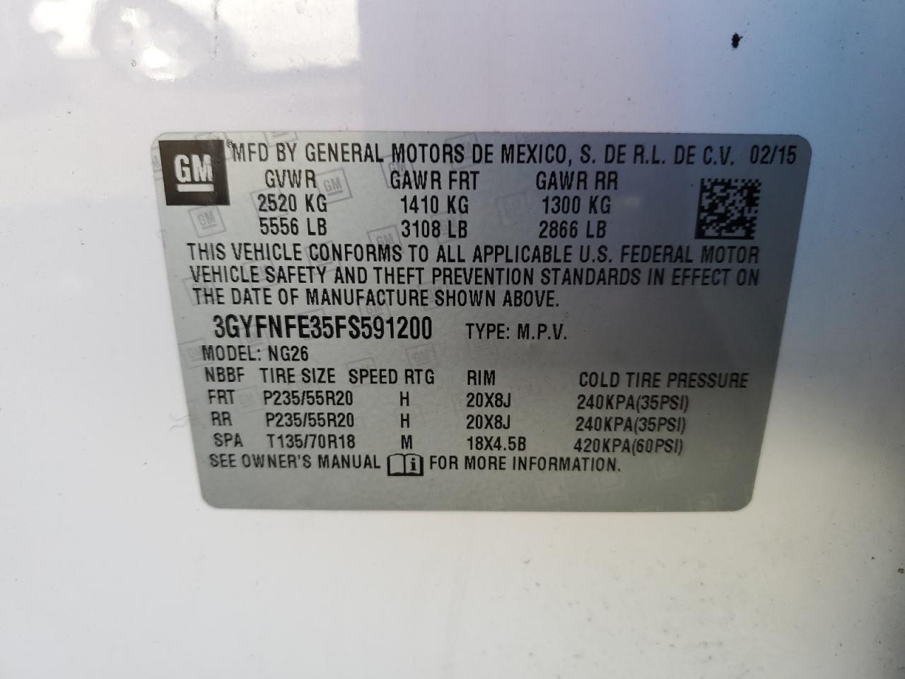 VIN 3GYFNFE35FS591200 2015 CADILLAC SRX no.14