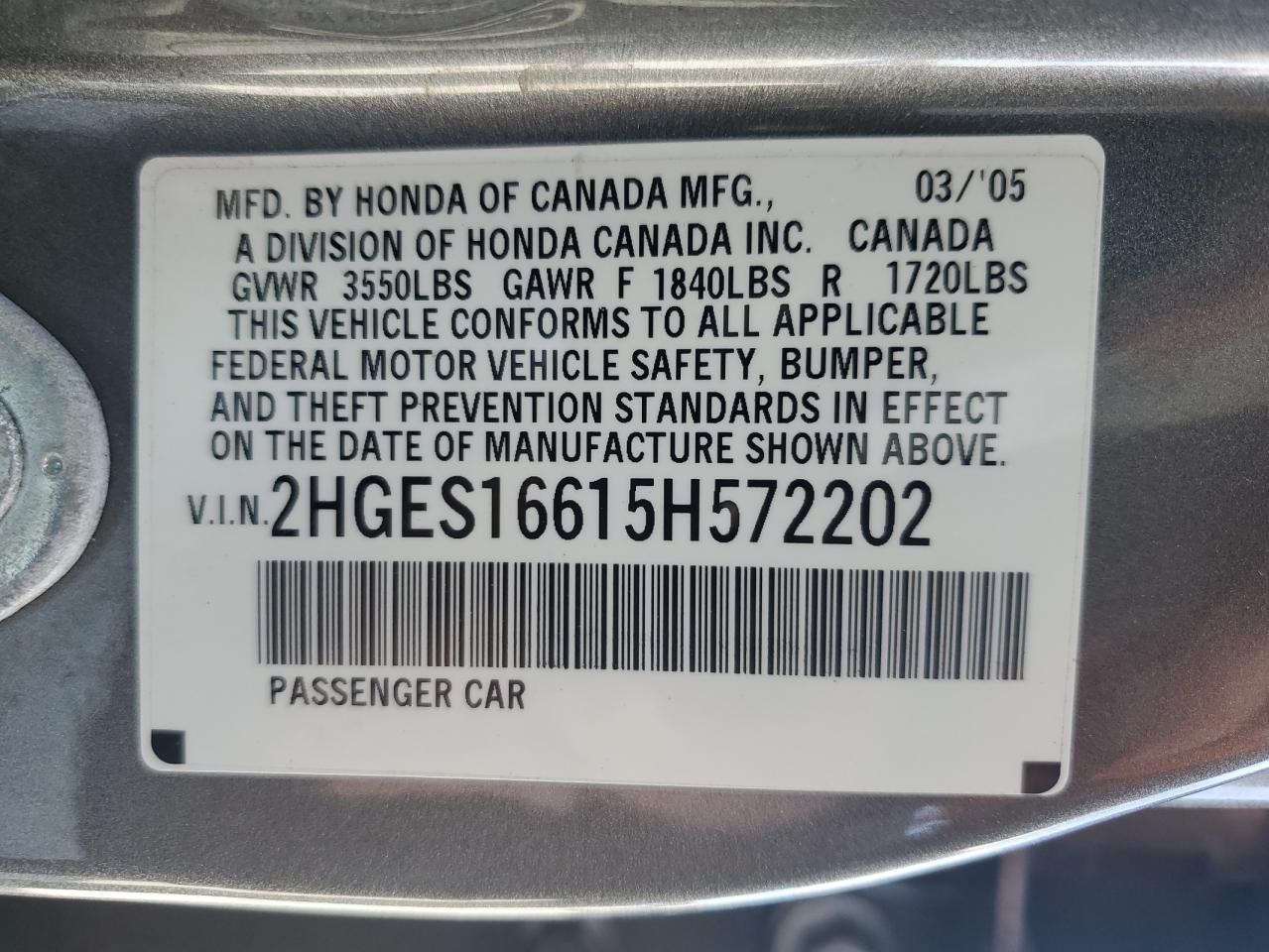 HONDA CIVIC 2005 VIN 2HGES16615H572202 zdjęcie 12