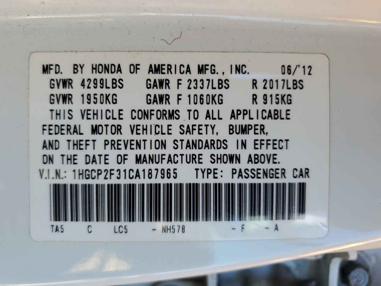 2012 Honda Accord Lx VIN: 1HGCP2F31CA187965 Lot: 80705404