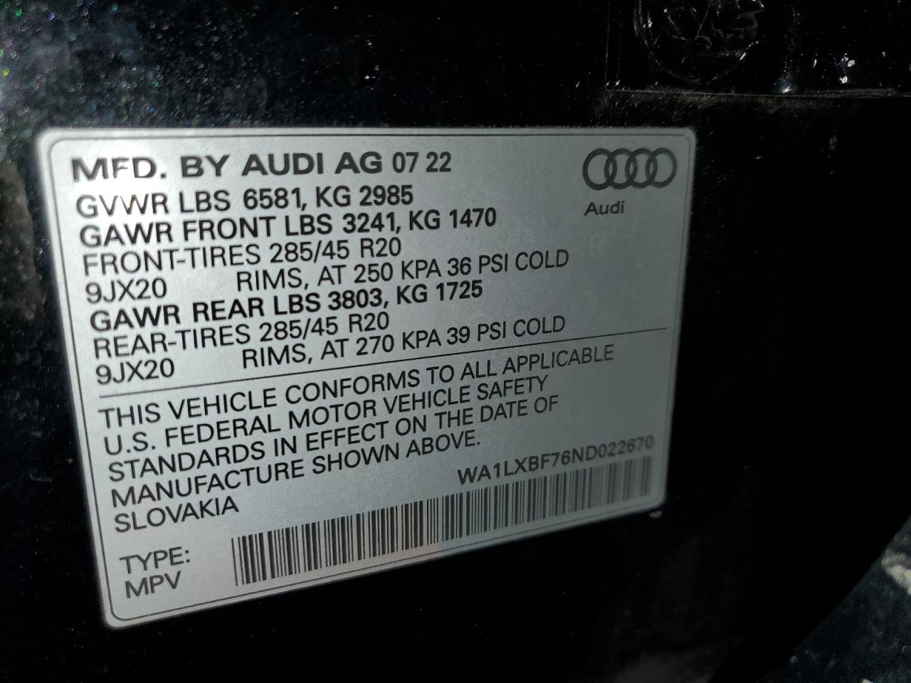 2022 Audi Q7 Premium Plus VIN: WA1LXBF76ND022670 Lot: 78083184