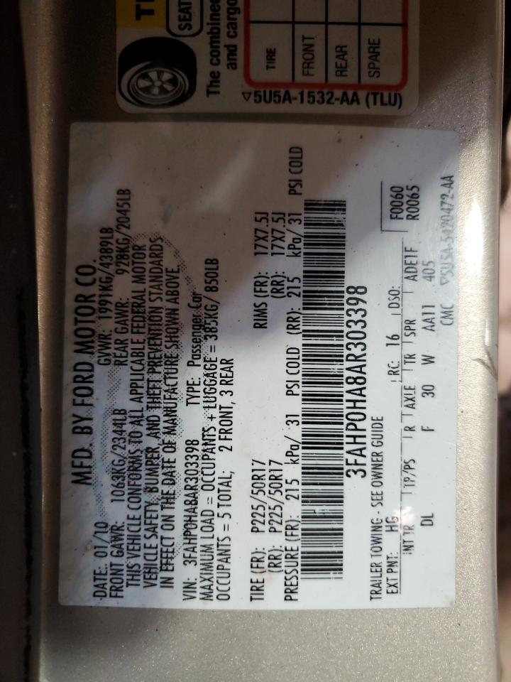 2010 Ford Fusion Se VIN: 3FAHP0HA8AR303398 Lot: 80289454