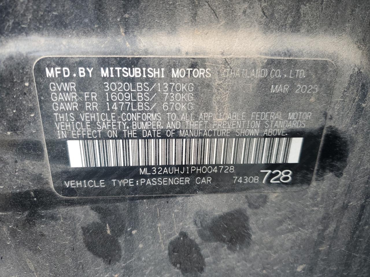 2023 Mitsubishi Mirage Es VIN: ML32AUHJ1PH004728 Lot: 78284824