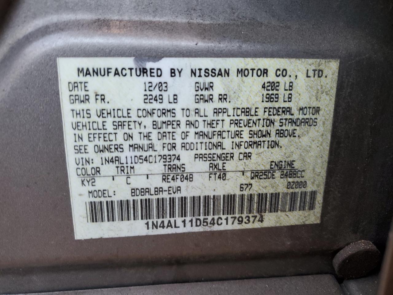 2004 Nissan Altima Base VIN: 1N4AL11D54C179374 Lot: 77855924