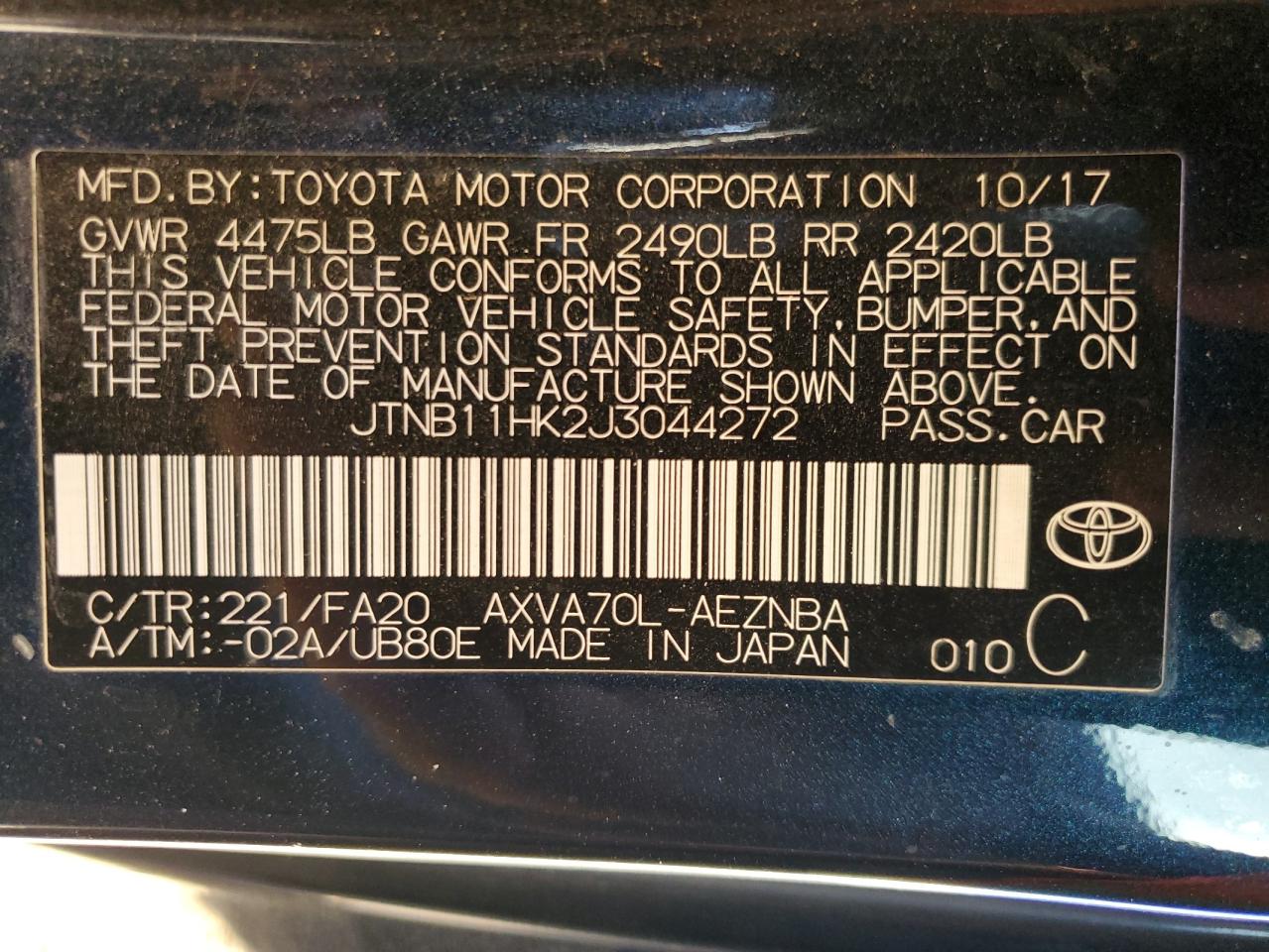 VIN JTNB11HK2J3044272 2018 TOYOTA CAMRY no.12