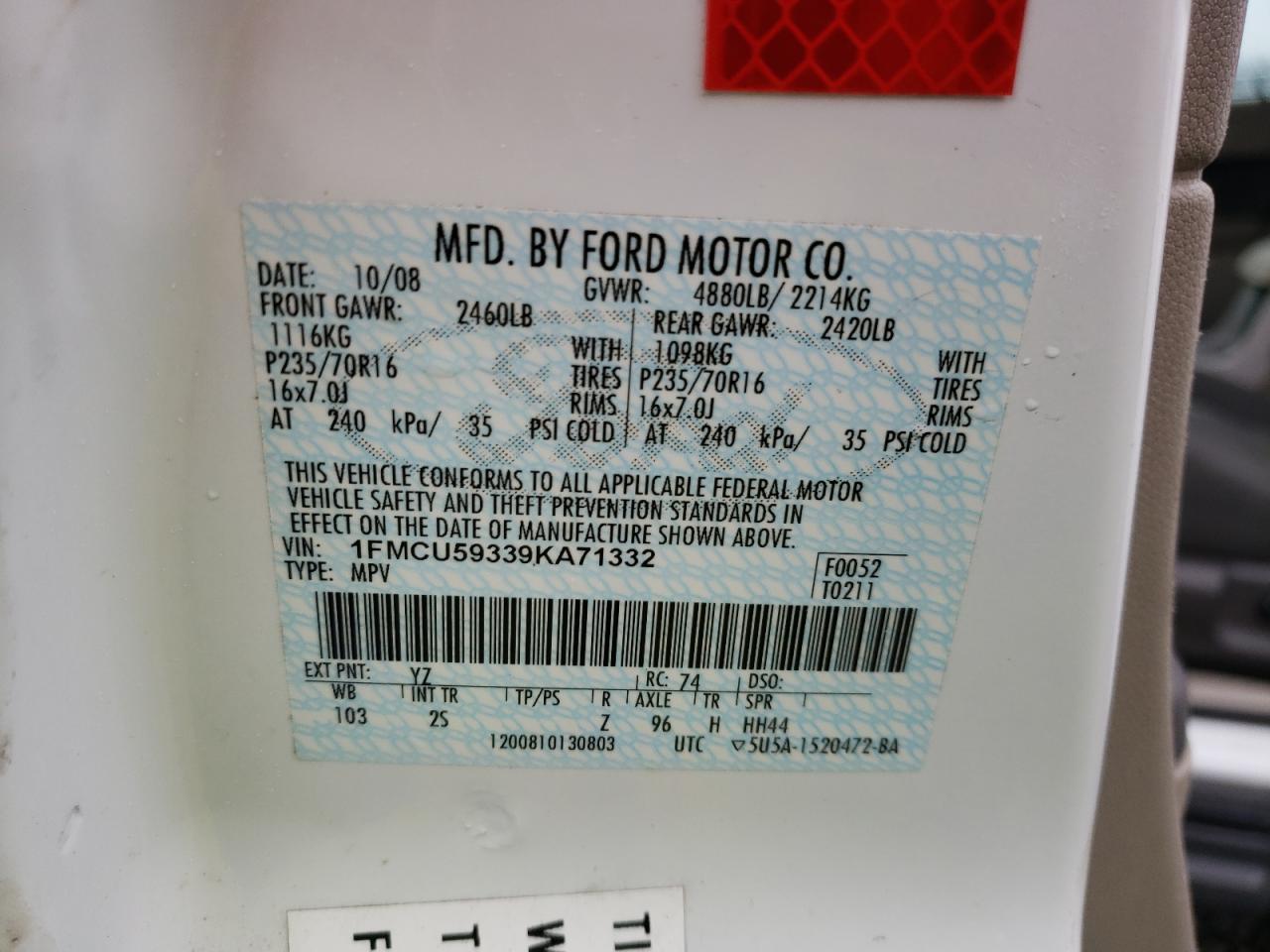 2009 Ford Escape Hybrid VIN: 1FMCU59339KA71332 Lot: 81052924