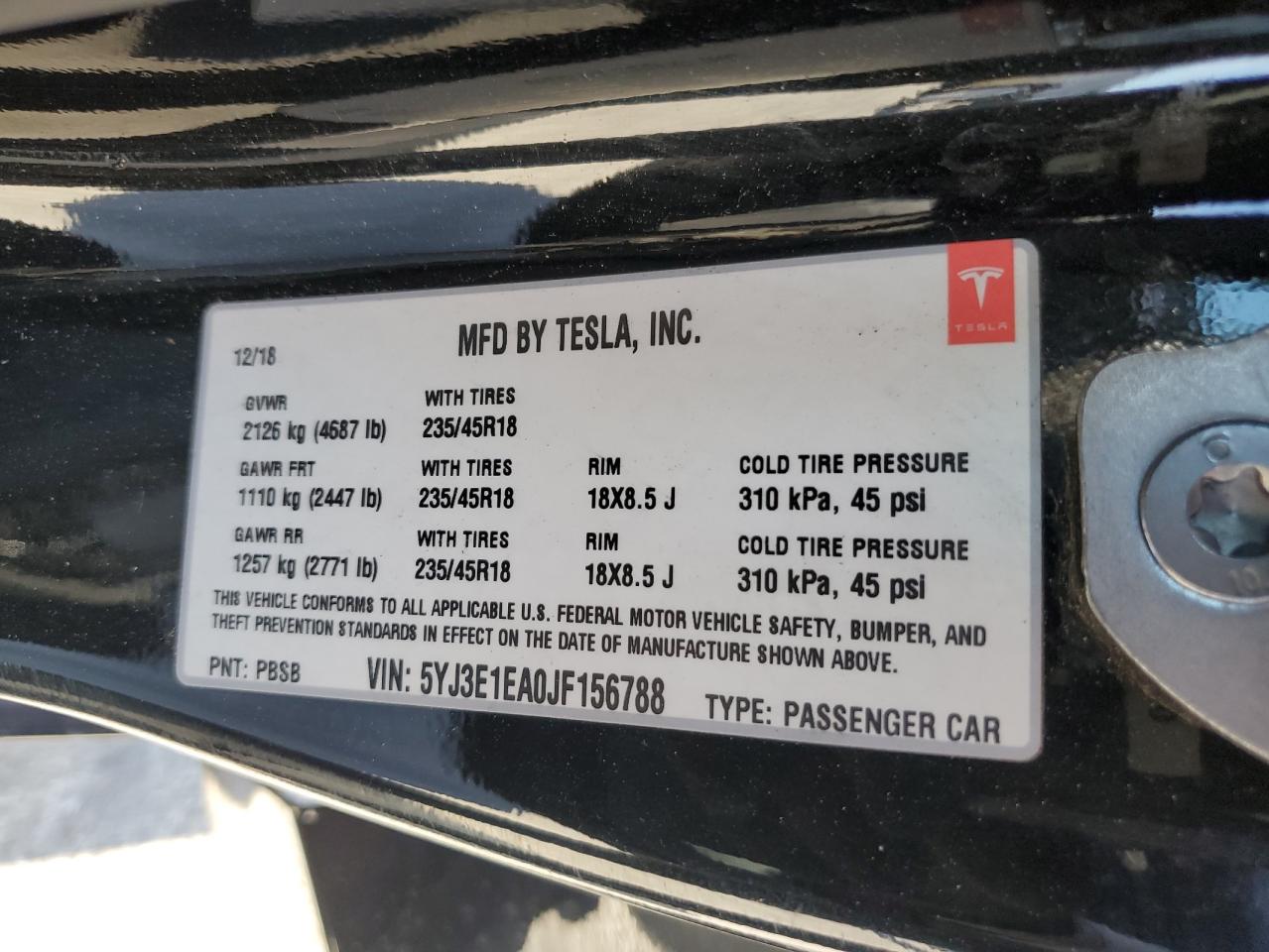 2018 Tesla Model 3 VIN: 5YJ3E1EA0JF156788 Lot: 78978674