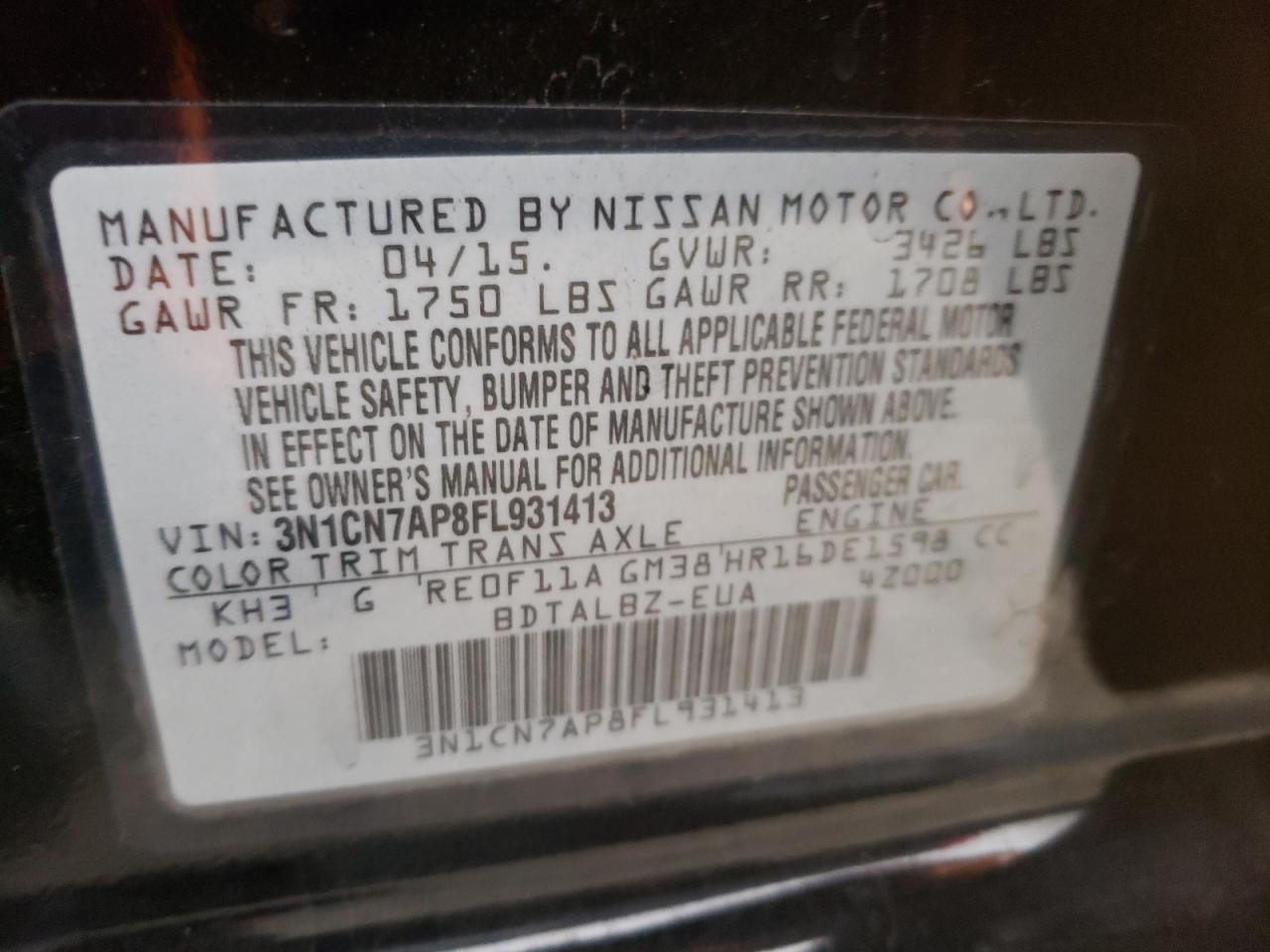 2015 Nissan Versa S VIN: 3N1CN7AP8FL931413 Lot: 79706634